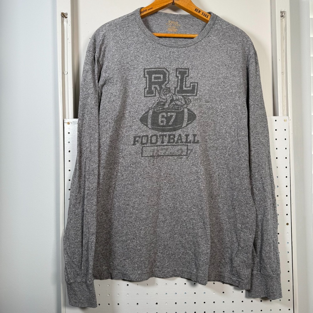 Polo Ralph lauren Football Shirt Men's Medium‎ Gray Crew Neck Graphic Print